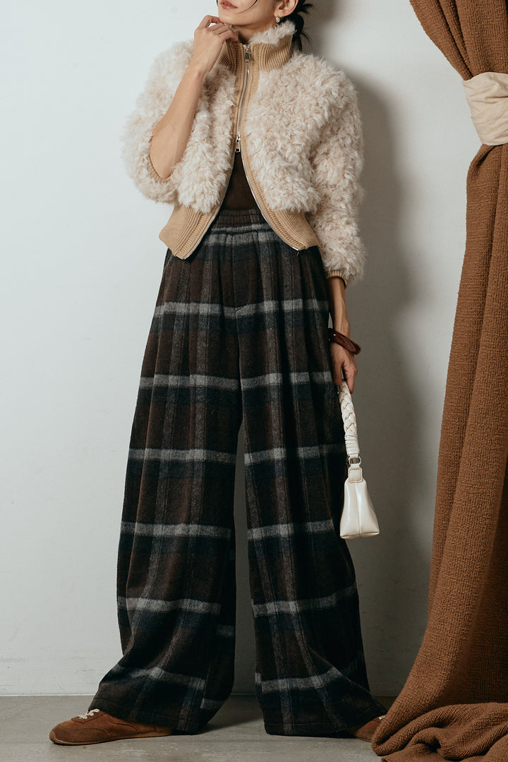 [SET]ハイネックショート丈ボアジップブルゾン+起毛タータンチェック柄ワイドパンツ(2set)