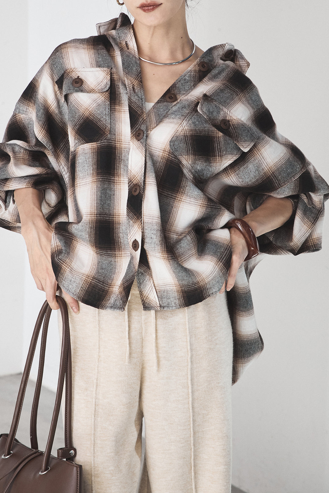 [SET]オンブレーチェックビッグシルエットCPOシャツ+センターラインニットパンツ(2set)