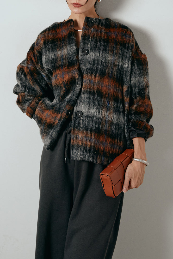 [SET]ノーカラーシャギーチェックアウター+裏起毛スウェットワイドパンツ(2set)