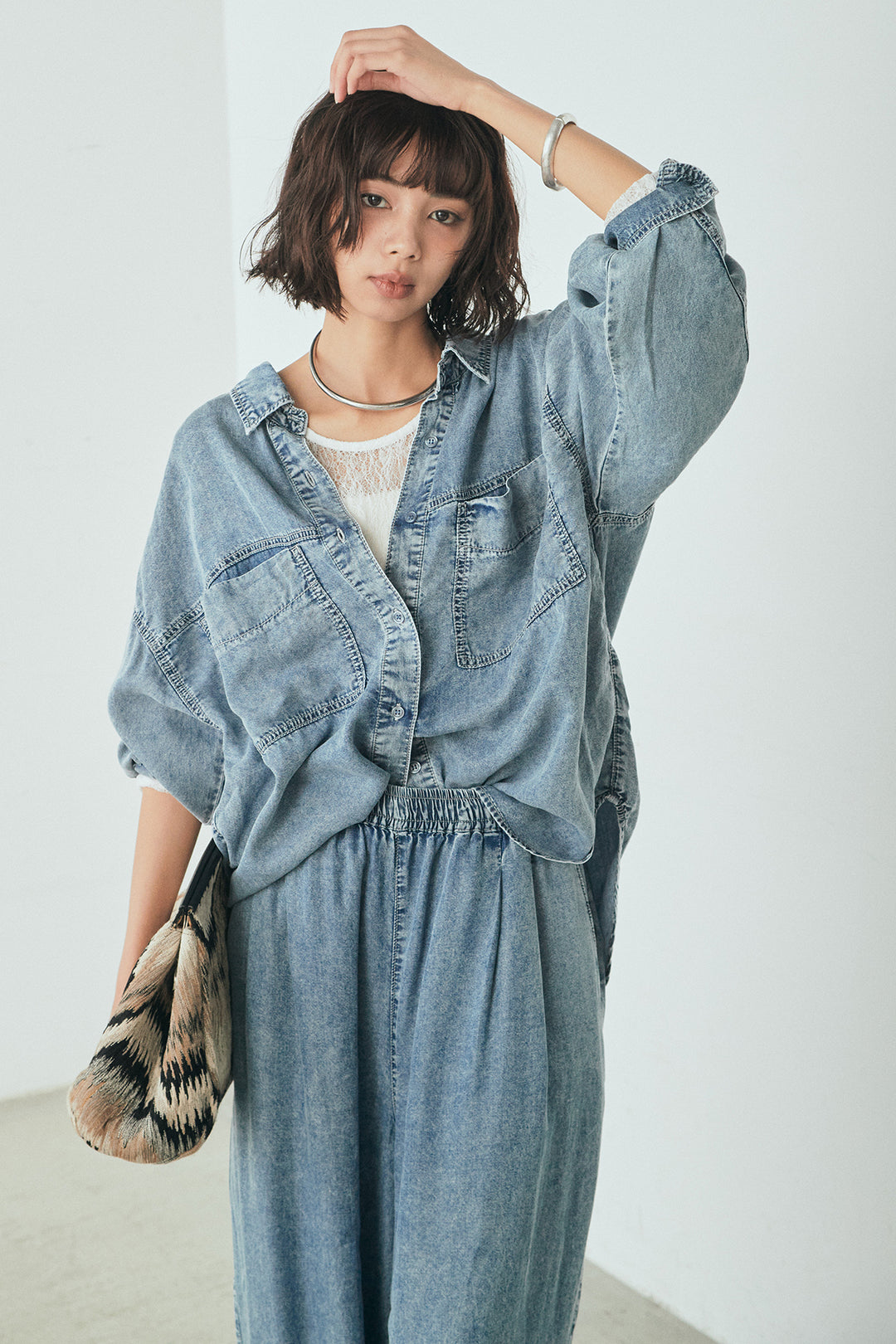 【着回しセット】[SET]テンセルデニムシャツ+テンセルデニムイージーワイドパンツ+ナイロンデニムドッキングブルゾン(3set)