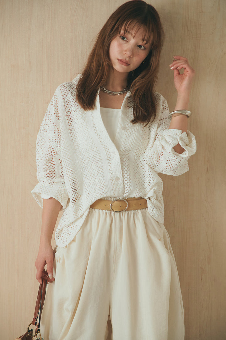 [SET]長袖襟付きレースシャツ+ポケットタックフォルムパンツ(2set)