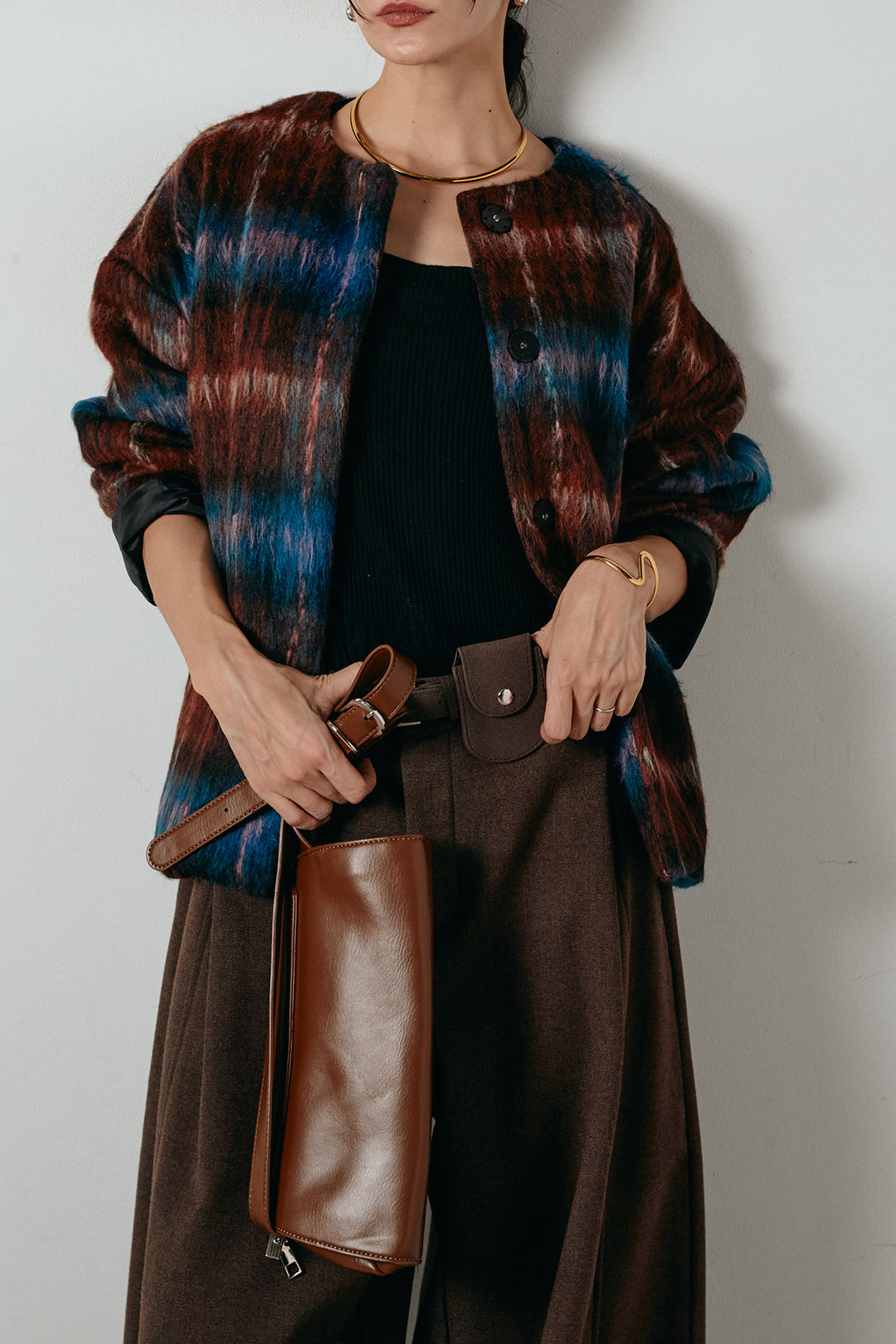 [SET]ノーカラーシャギーチェックアウター+ポーチベルト付きカーブパンツ(2set)