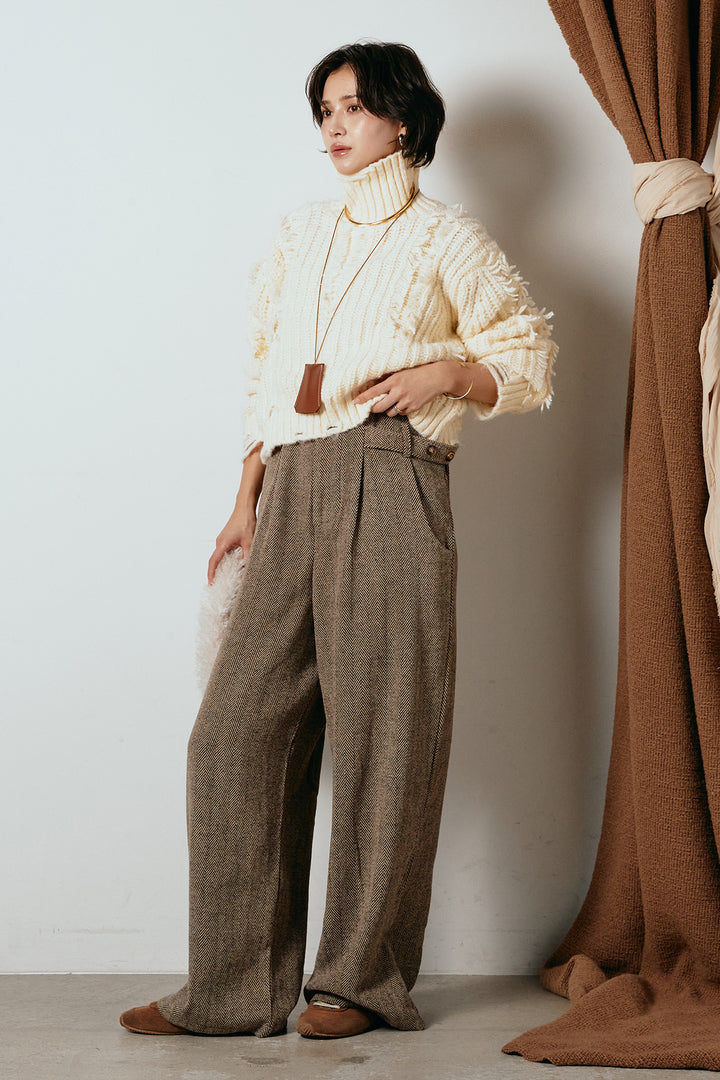 [SET]フリンジタートルショートニット+クラシックヘリンボーンサロペット(2set)