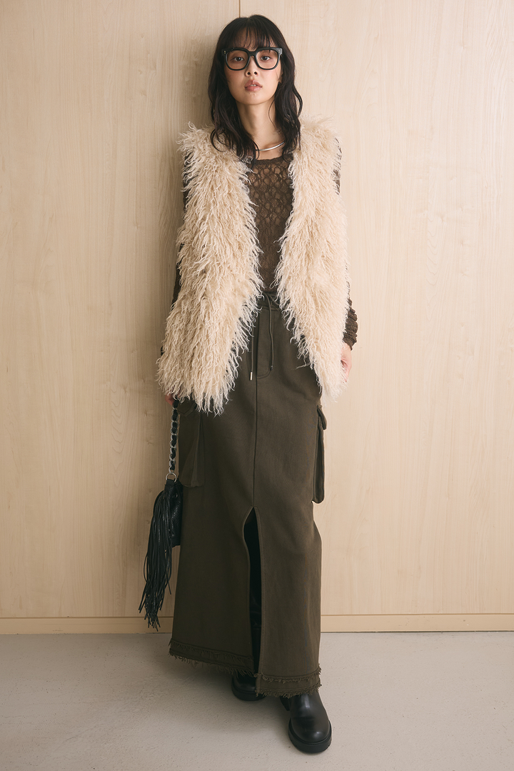 [SET]ロングシャギーファーベスト+2WAYカットレースバックオープンプルオーバー+裏毛リラックスワークタイトスカート(3set)