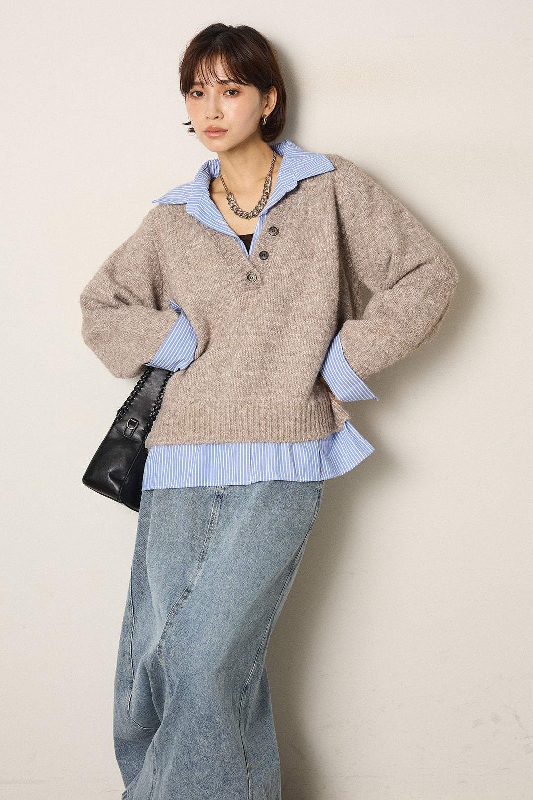 [SET]ストライプシャツドッキングニットポロトップス+デニムロングフレアスカート(2set)