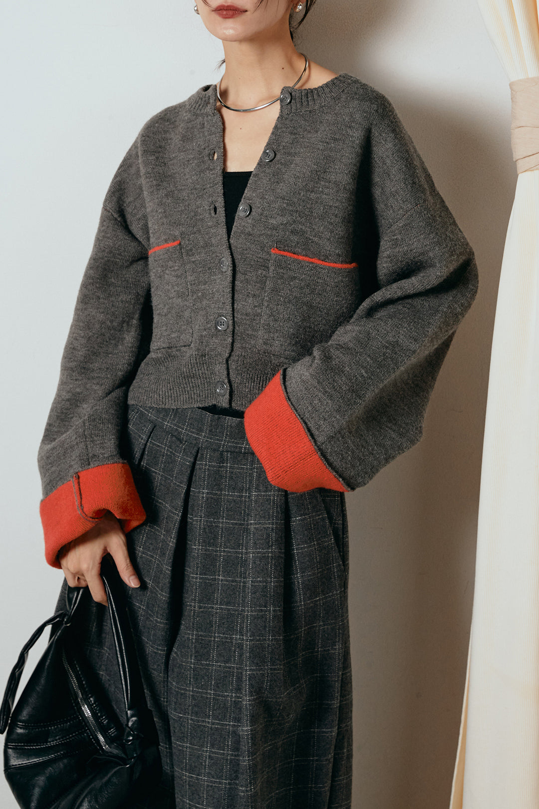 [SET]アルパカタッチダブルフェイスカーディガン+ウールライクチェックタックパンツ(2set)