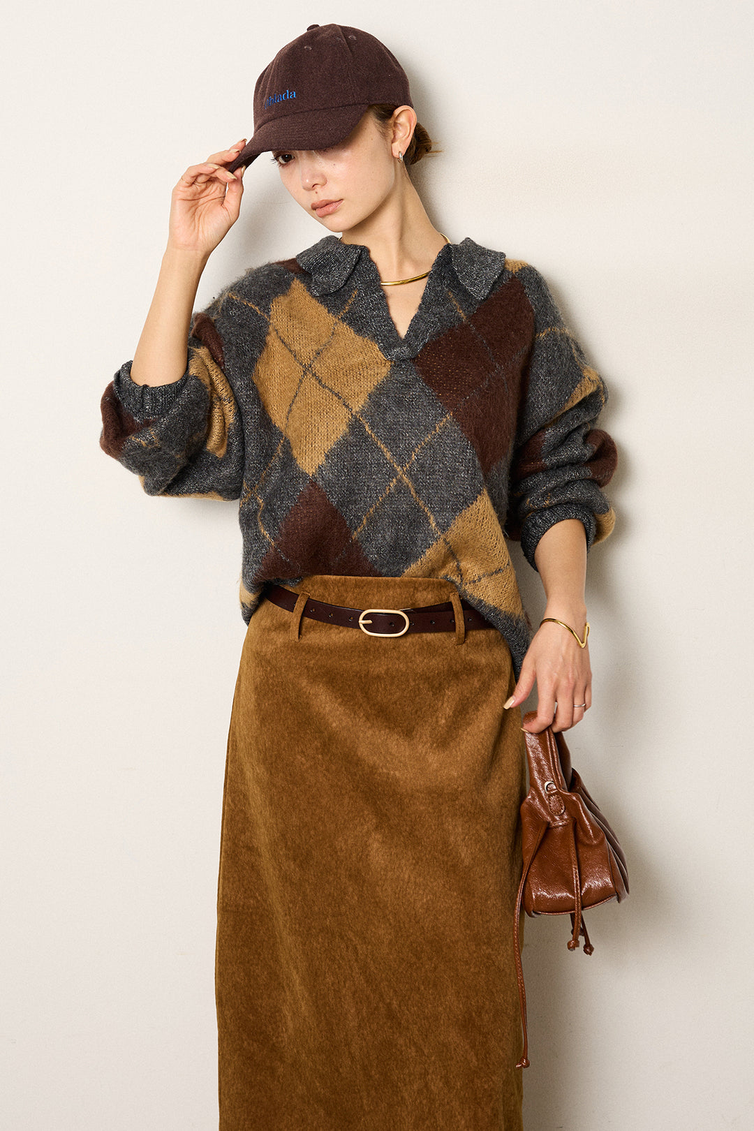 [SET]アクリルモヘアアーガイルキーネックプルオーバー+ロープベルト付きスウェード調スカート(2set)