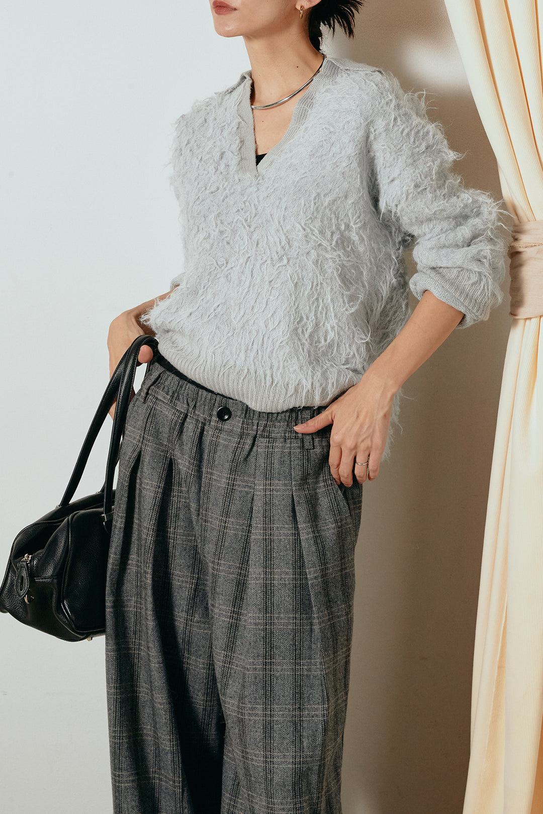 [SET]襟付きシャギーニットポロトップス+タータンチェック柄タックパンツ(2set)