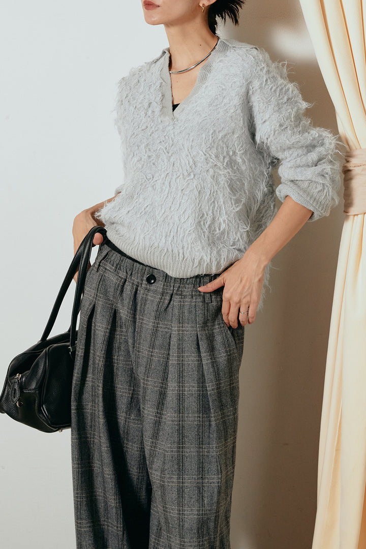 [SET]襟付きシャギーニットポロトップス+タータンチェック柄タックパンツ(2set)