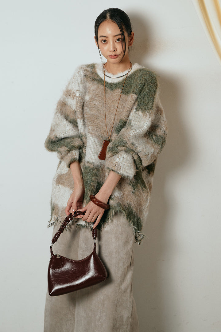 [SET]起毛裾デザインニュアンス柄ニットトップス+エコスウェードワイドスカート(2set)