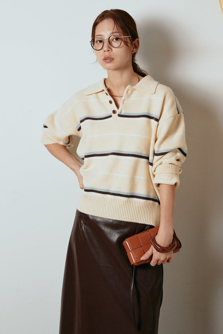 [SET]襟付きマルチボーダーニットポロトップス+紐付きフェイクレザーワイドスカート(2set)