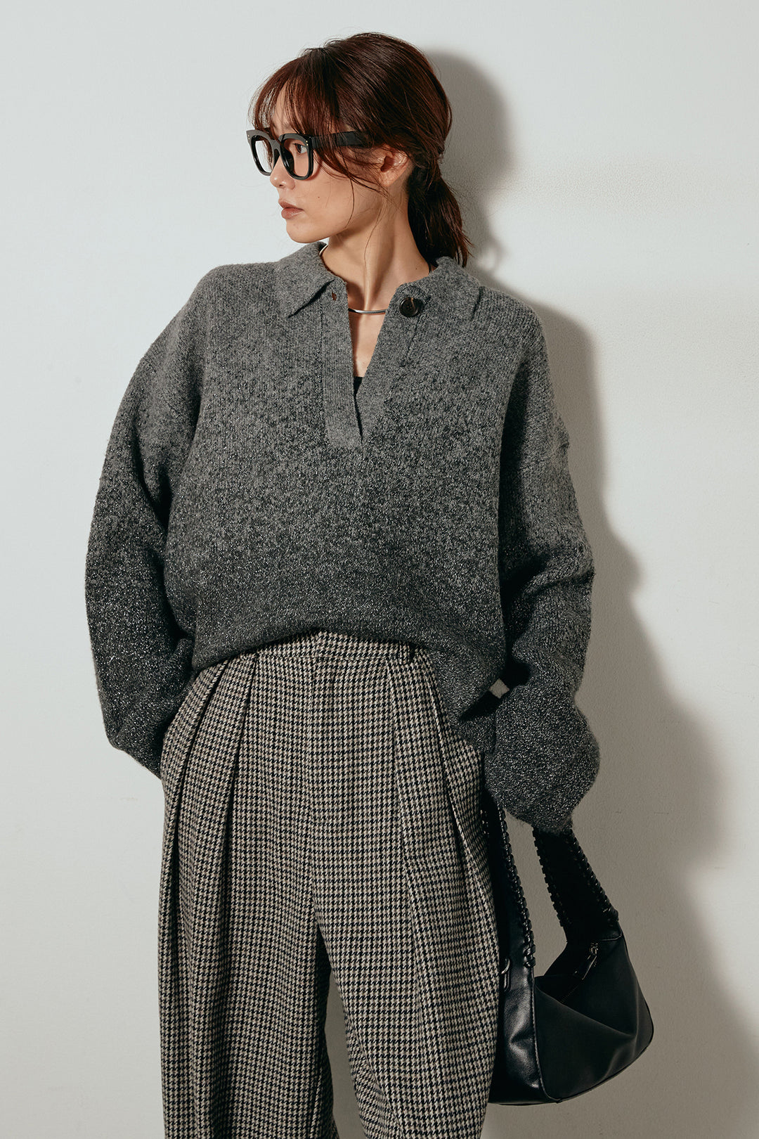 [SET]グラデーションラメニットキーネックプルオーバー+ガンクラブチェックタックパンツ(2set)