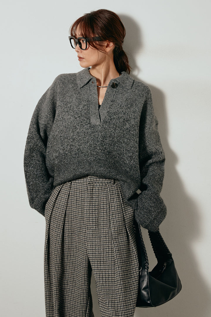 [SET]グラデーションラメニットキーネックプルオーバー+ガンクラブチェックタックパンツ(2set)