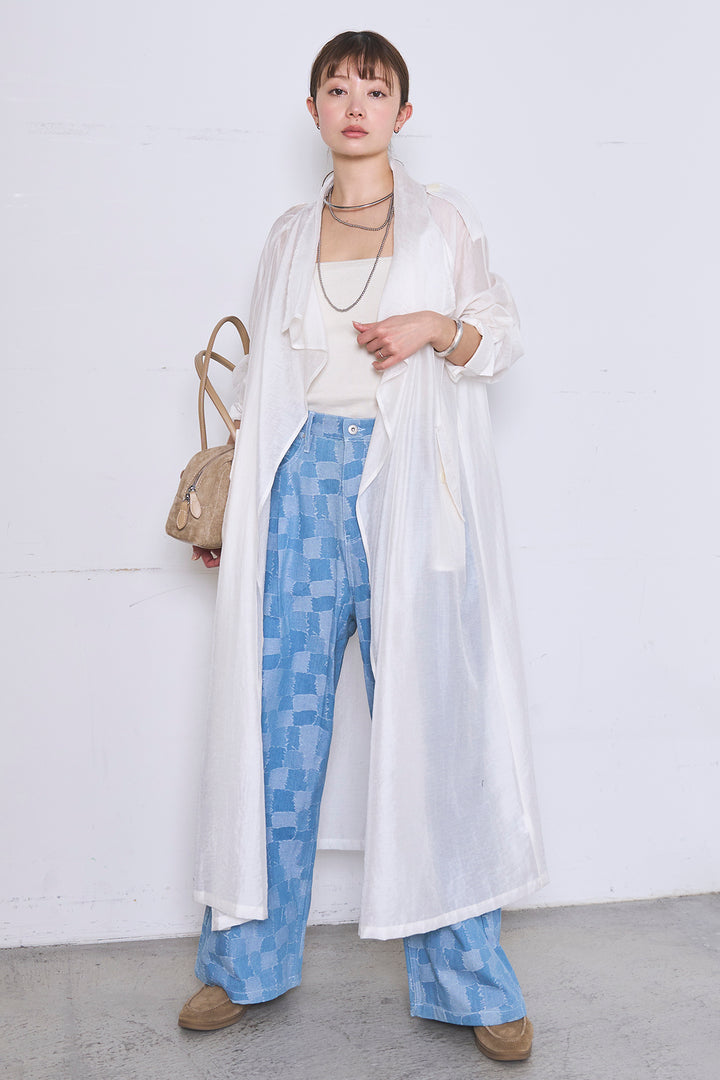 [SET]ロングシアーアウター+パッチワーク風デニムワイドパンツ(2set)