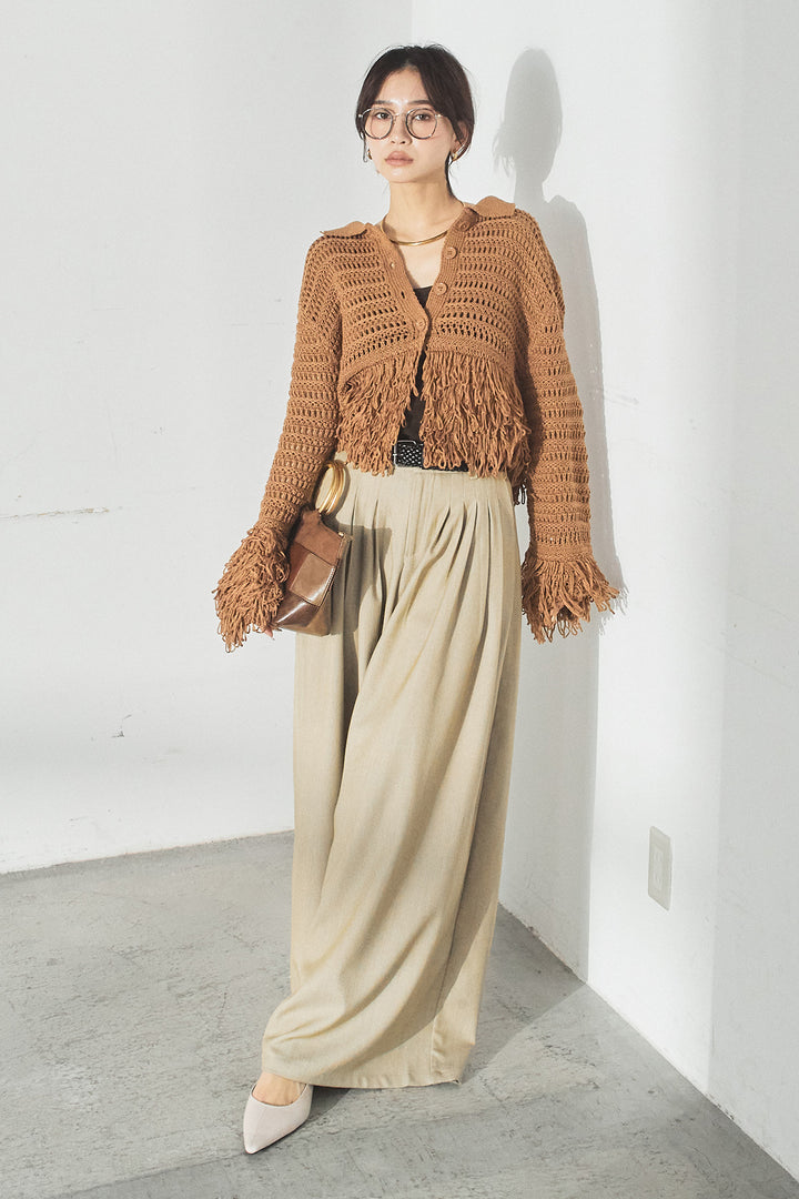 [SET]メッシュフリンジカーディガン+編みベルト付きウエストタックワイドパンツ(2set)