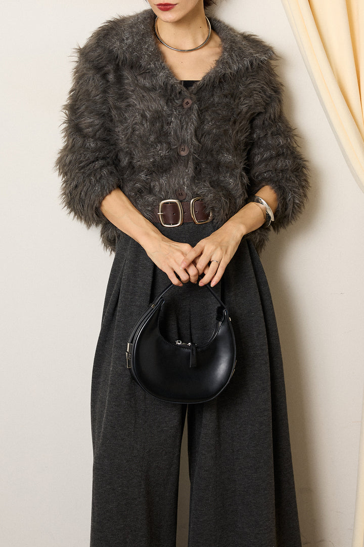 [SET]襟付きシャギーニットカーディガン+フェイクレザー太ベルト付きタックワイドパンツ(2set)