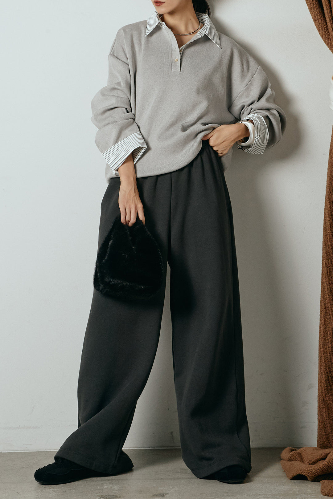 [SET]ストライプシャツドッキングポロトップス+裏起毛スウェットワイドパンツ(2set)