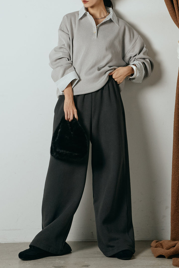 [SET]ストライプシャツドッキングポロトップス+裏起毛スウェットワイドパンツ(2set)