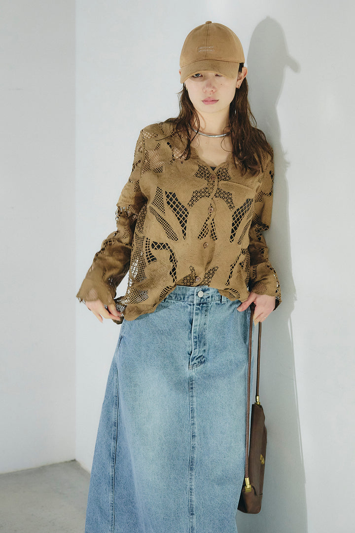 [SET]フラワー刺繍レースブラウス+デニムロングフレアスカート(2set)