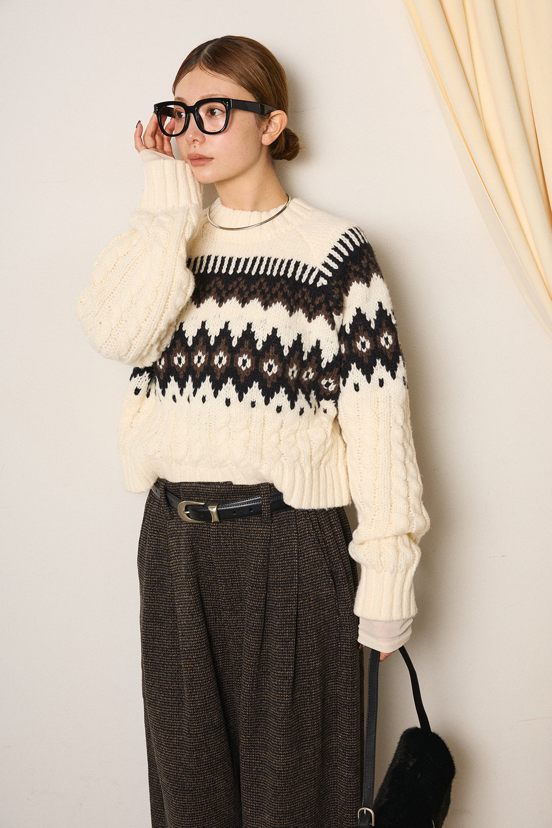 [SET]2WAY求心柄ジャガードショートカーディガン+起毛タック入りツイードワイドパンツ(2set)