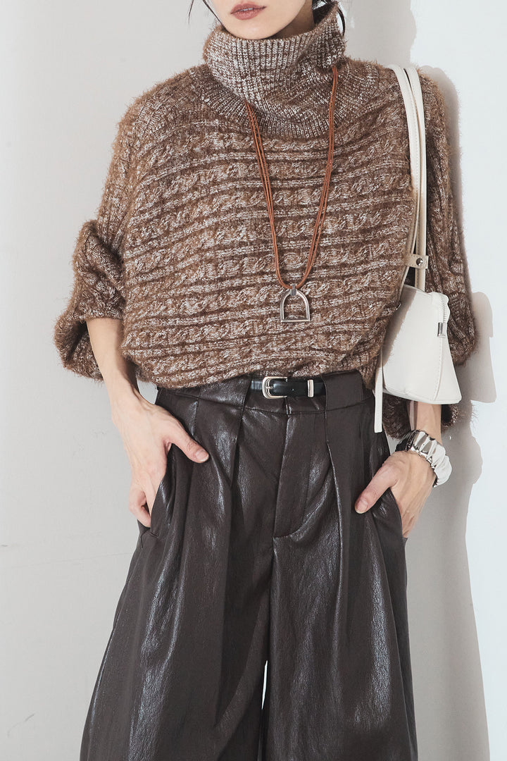 [SET]ミックス編みドルマンニットトップス+ベルト付きレザーライクタックパンツ(2set)