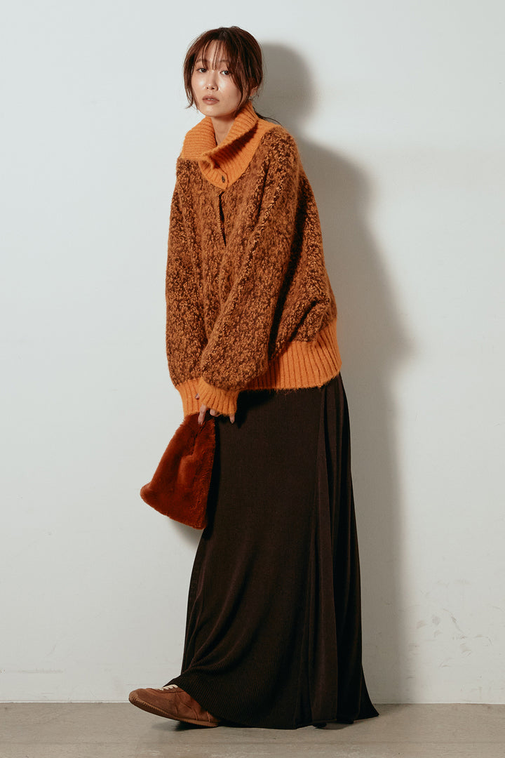 [SET]ハイネックミックスニットトップス+サイド切り替えリブニットロングスカート(2set)