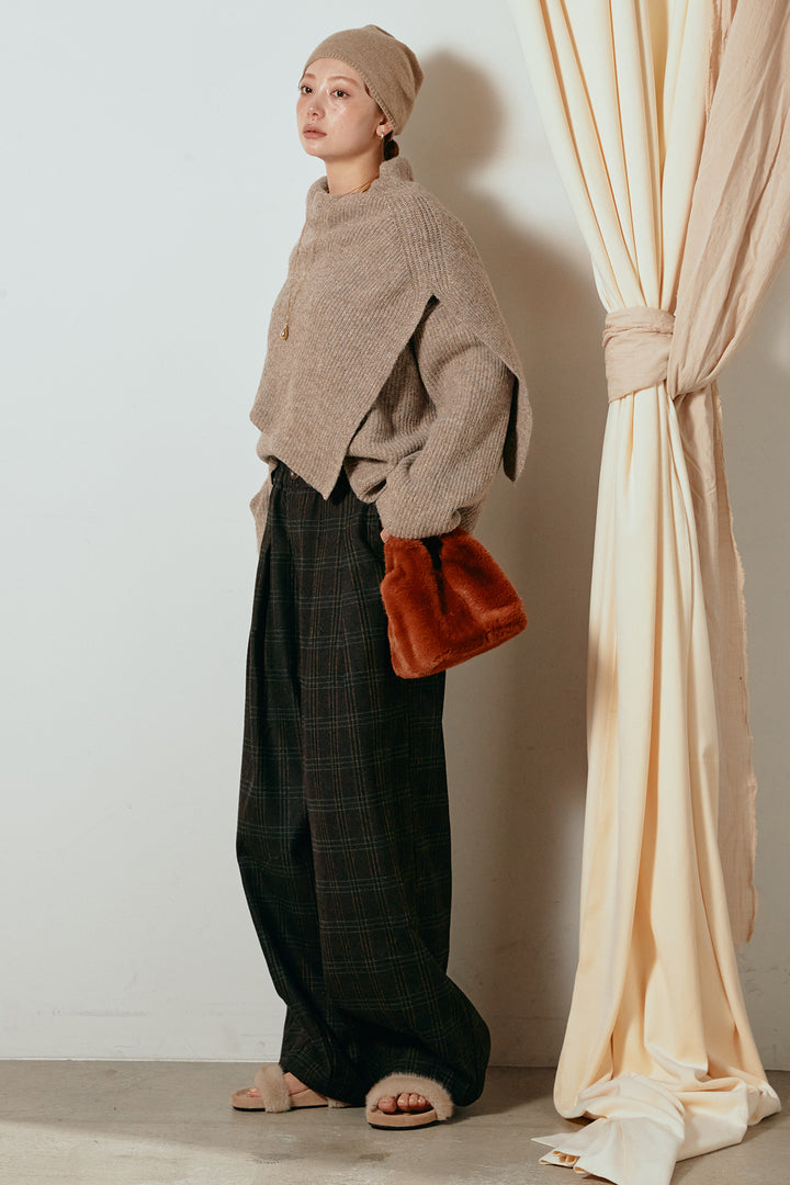 [SET]ケープデザインリブニットトップス+タータンチェック柄タックパンツ(2set)