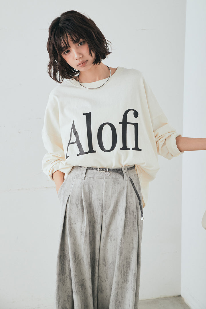 [SET]裾センタードロストロゴプリントワイドTシャツ+紐ベルト付きかすれ柄ワイドスラックス(2set)