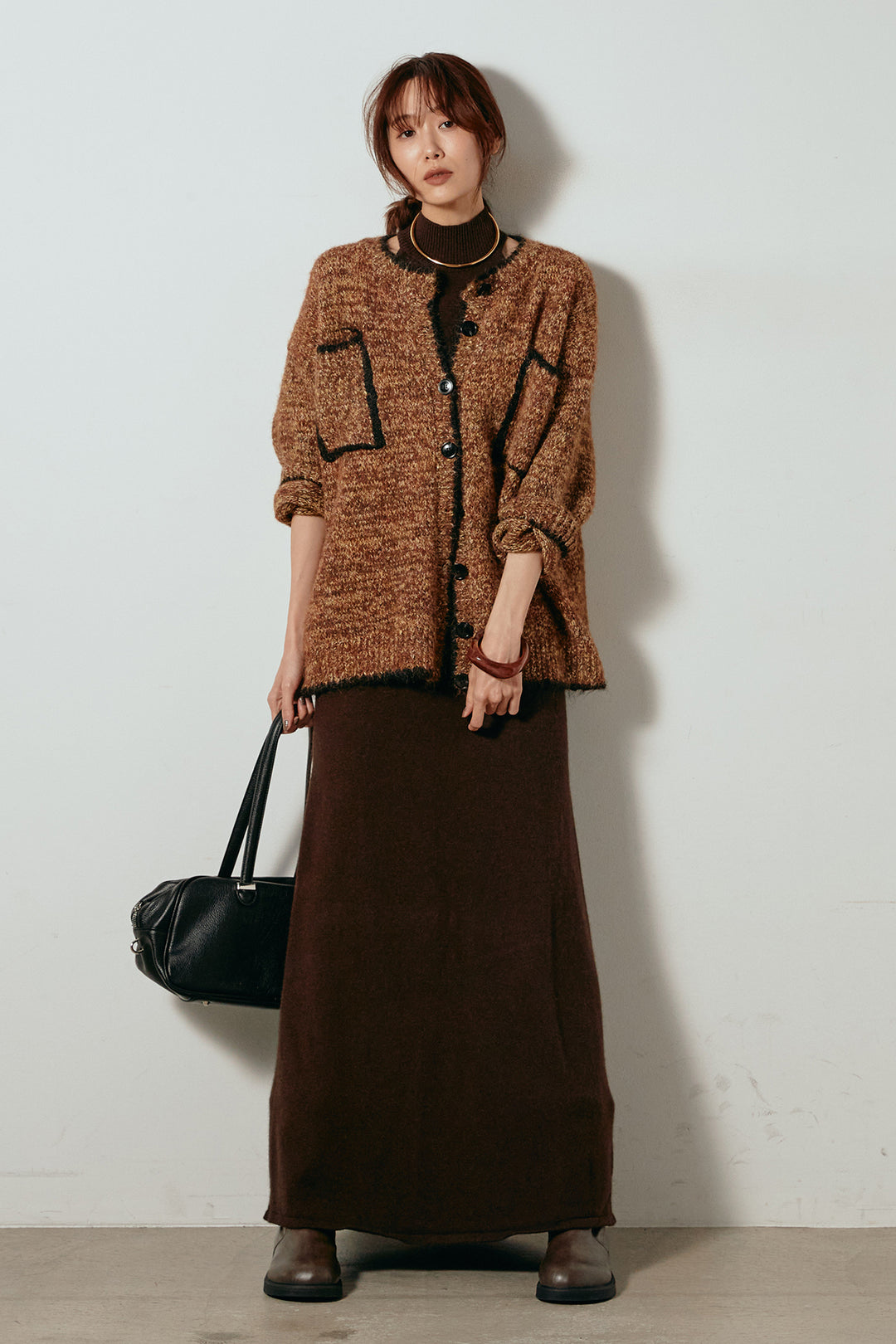 [SET]ミックスニットポケットカーディガン+ノースリーブニットロングワンピース(2set)