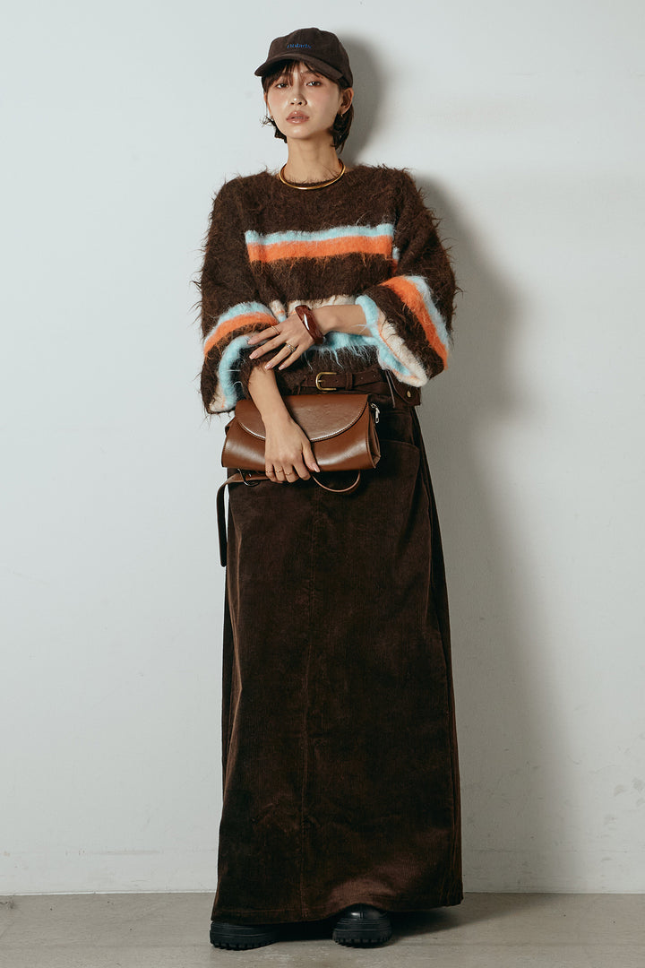 [SET]起毛配色マルチボーダーニットトップス+ポーチベルト付きコーデュロイワイドスカート(2set)