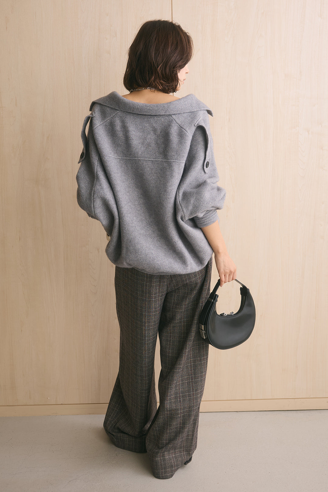 [SET]アシンメトリーデザインオーバーニットアウター+杢調ウィンドペンチェックタックパンツ(2set)