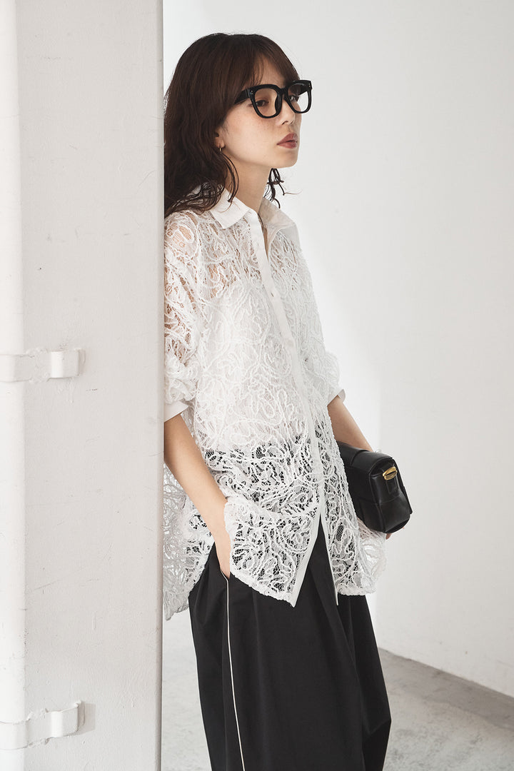 [SET]刺繍レースオーバーサイズシャツ+合繊ツイルパイピングタックカーブパンツ(2set)