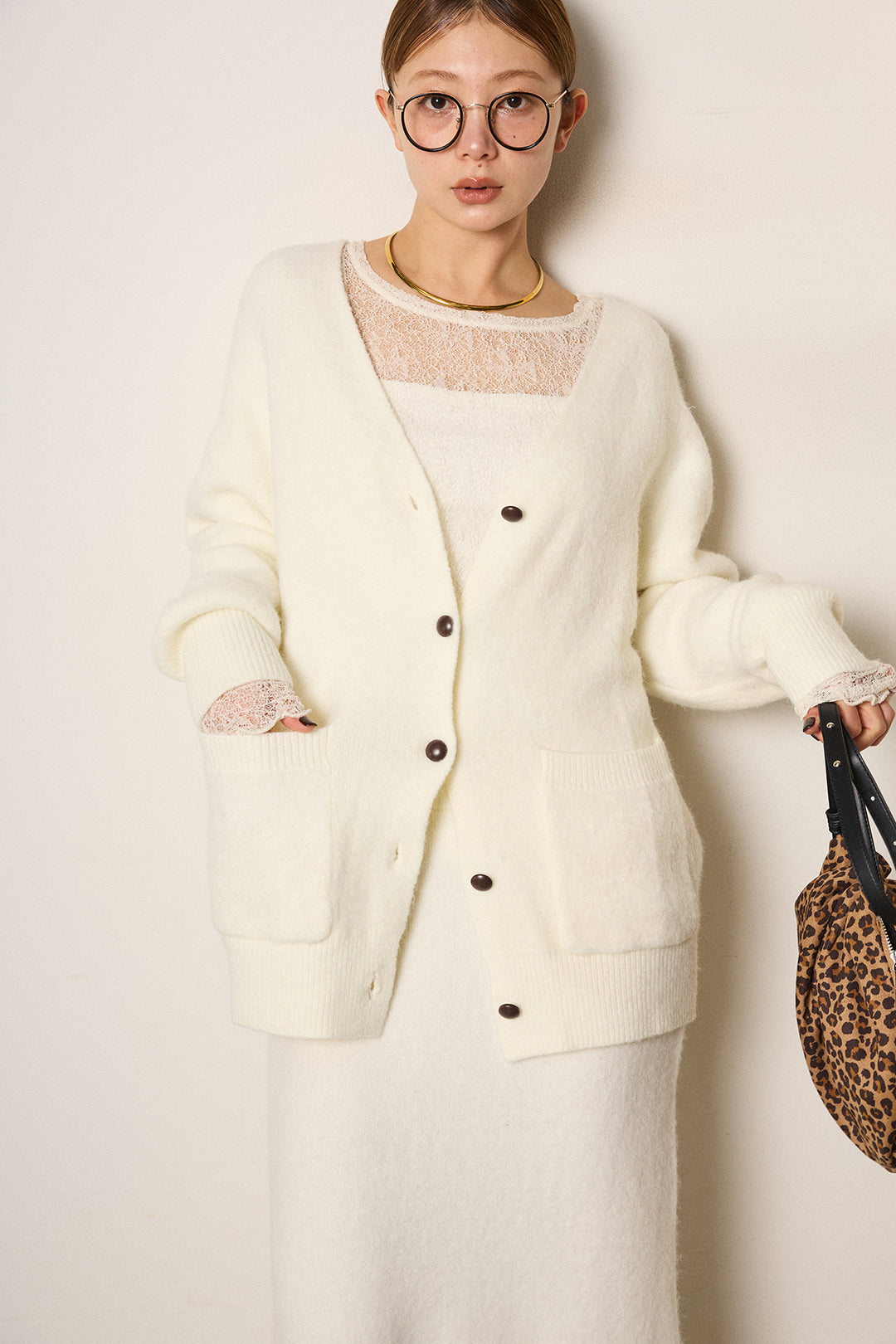 [SET]丸ボタン起毛ニットカーディガン+起毛ニットロングスカート(2set)