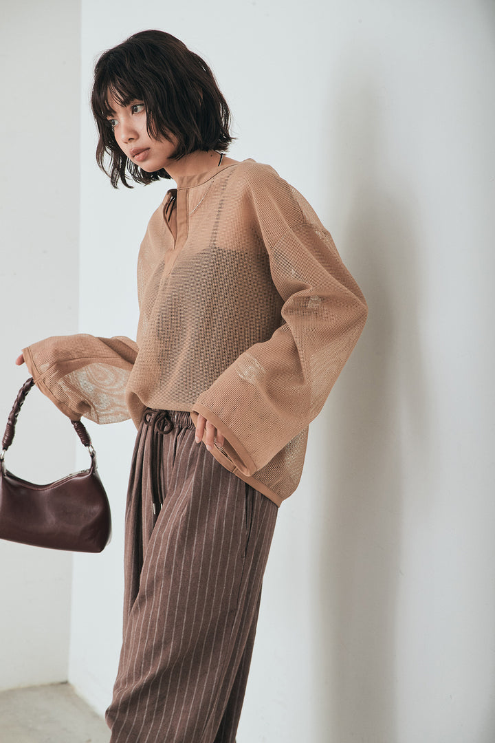 [SET]メッシュカットソースキッパープルオーバー+リネンライクストライプタックイージーパンツ(2set)