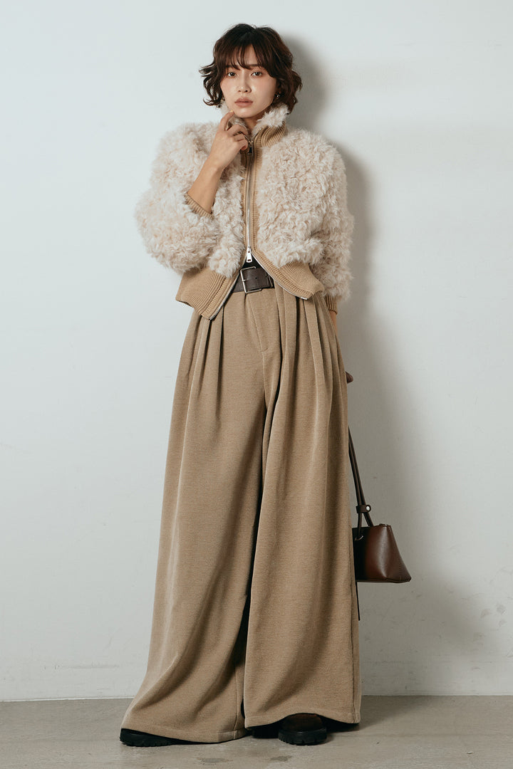 [SET]ハイネックショート丈ボアジップブルゾン+ベルトループコーデュロイワイドパンツ(2set)