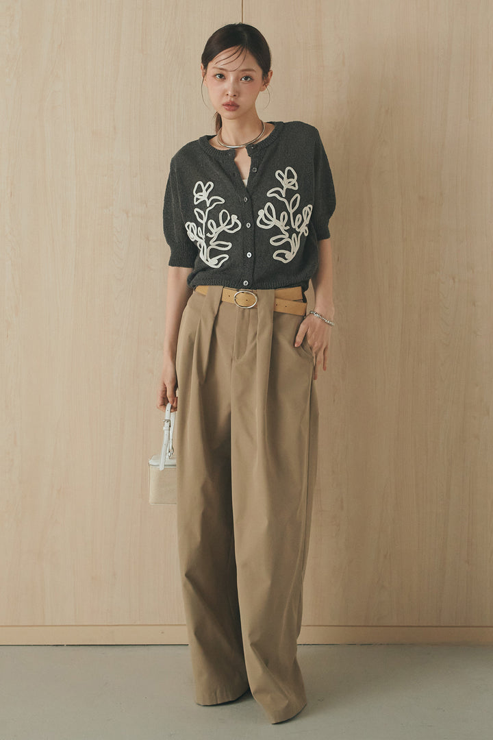 [SET]フロントテープデザイン半袖カーディガン+ベルトループデザインハイウエストタックパンツ(2set)