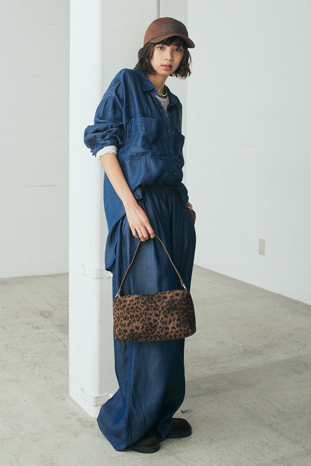 [SET]テンセルデニムシャツ+テンセルデニムイージーワイドパンツ+ストレッチレースクルーネックインナー(3set)