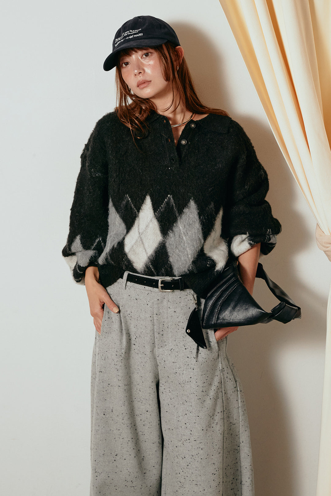 [SET]アーガイル柄ポロニットトップス+ベルト付きネップツイードカーブパンツ(2set)