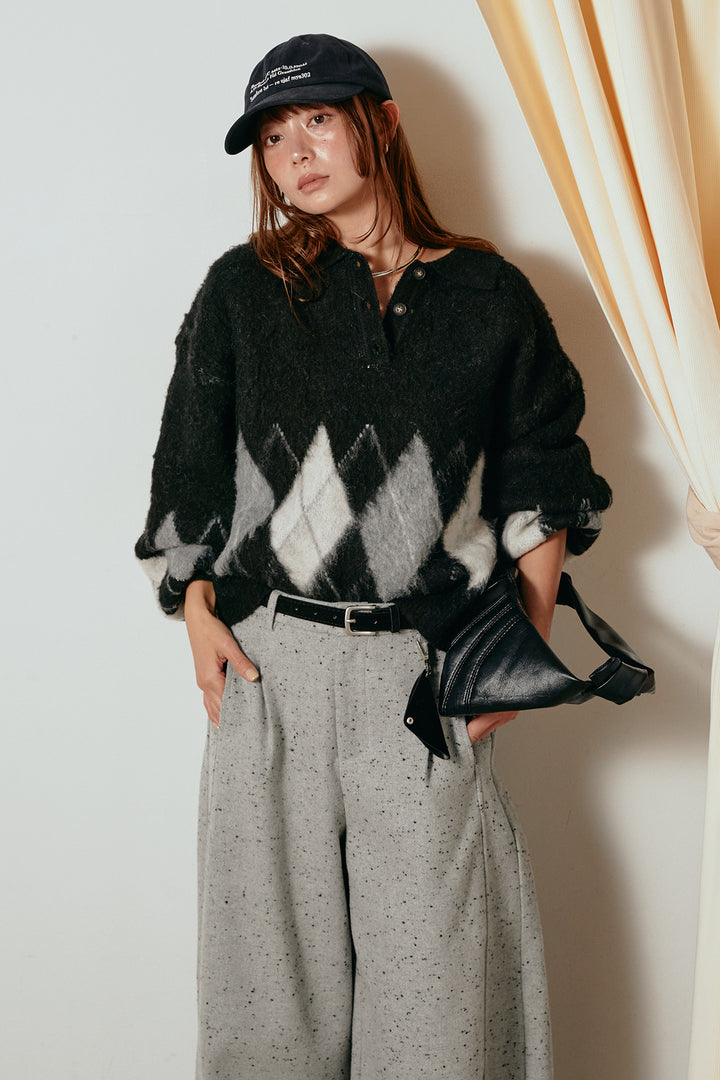 [SET]アーガイル柄ポロニットトップス+ベルト付きネップツイードカーブパンツ(2set)