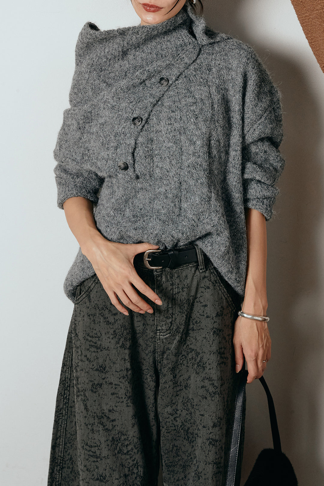 [SET]ケープデザインケーブルニットトップス+ベルト付きニュアンス柄カーブワイドパンツ(2set)