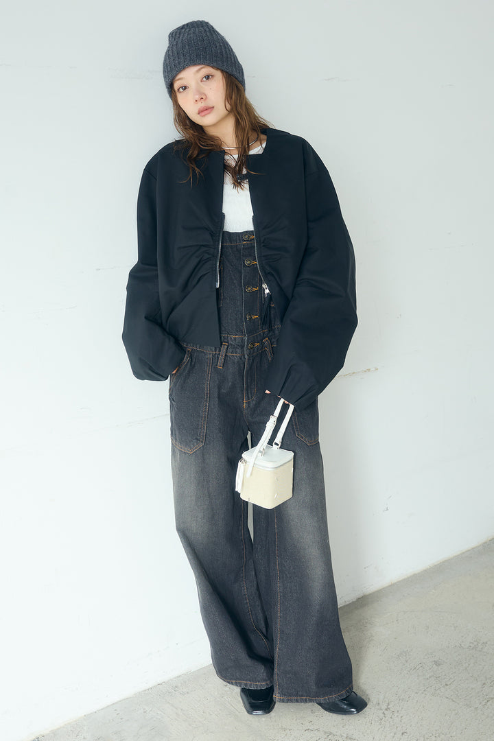 [SET]ノーカラーフロントギャザージップアウター+デニムサロペットワイドパンツ+ストレッチレースクルーネックインナー(3set)