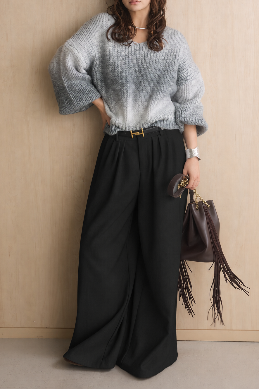 [SET]ミックスグラデーションVネックニット+ゴールドバックルベルト付きタックワイドパンツ(2set)