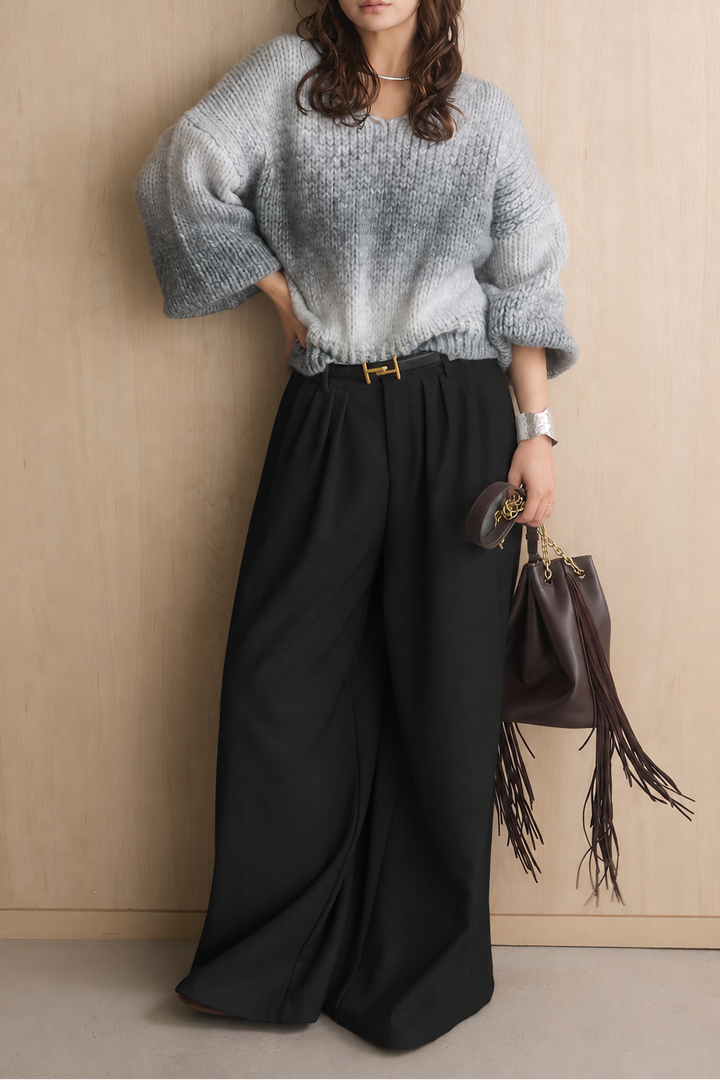 [SET]ミックスグラデーションVネックニット+ゴールドバックルベルト付きタックワイドパンツ(2set)