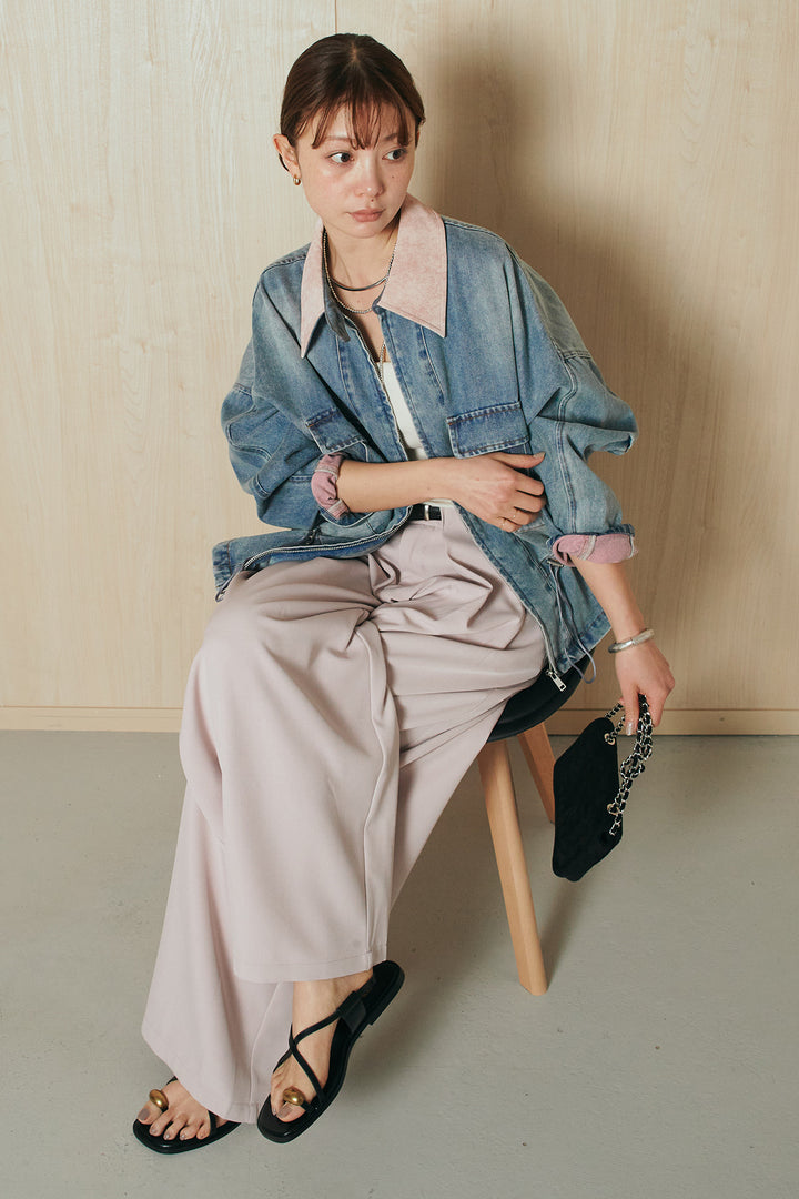 [SET]襟付き配色デニムブルゾン+ビックベルトループタックベルト付きワイドパンツ(2set)