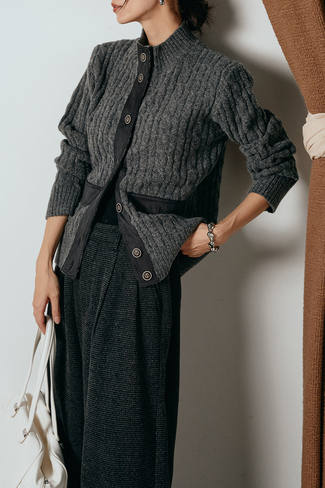 [SET]ボトルネックケーブルニットカーディガン+起毛タック入りツイードワイドパンツ(2set)