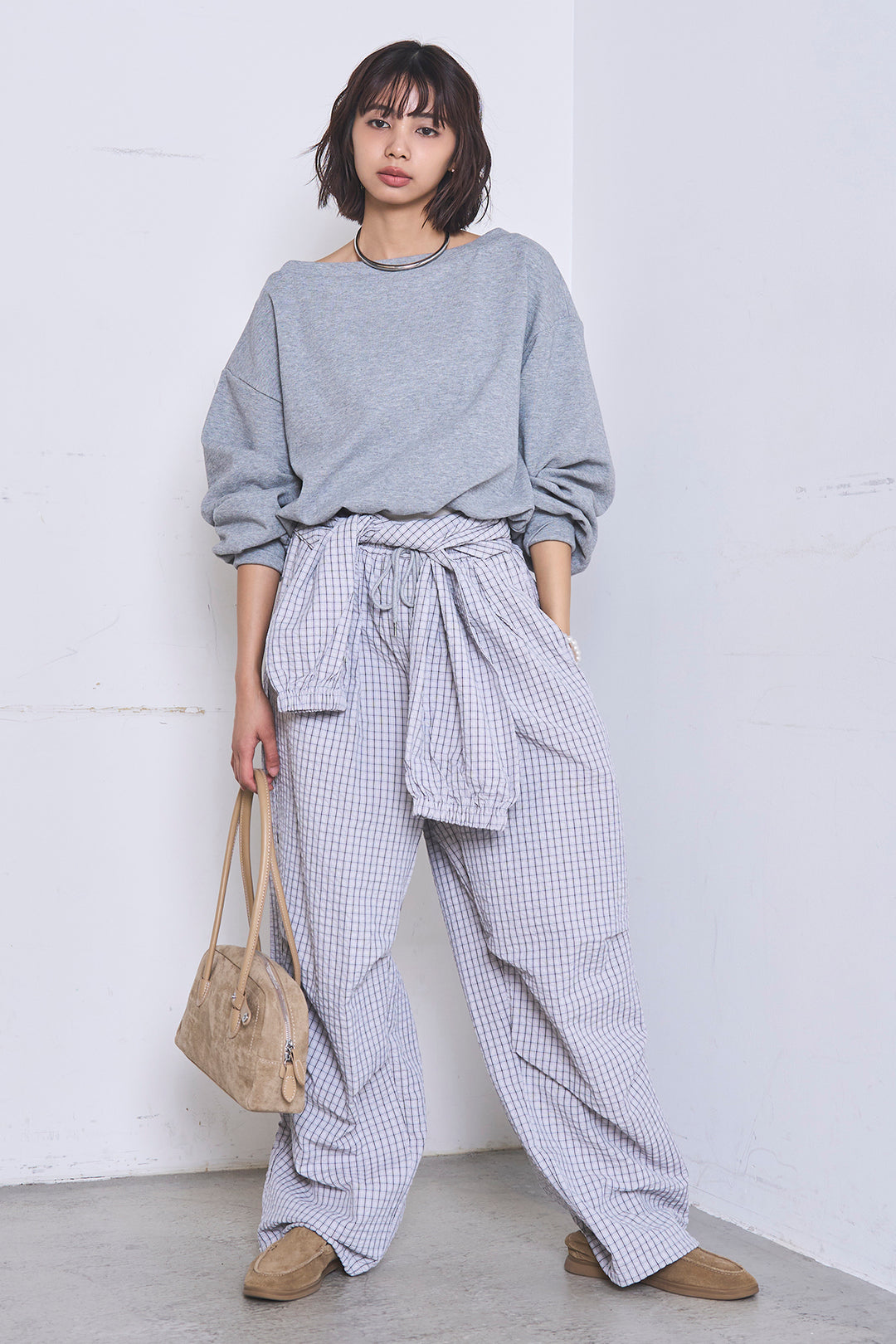 [SET]ワンショルスウェットプルオーバー+チェックウエスト巻きジョガーパンツ(2set)