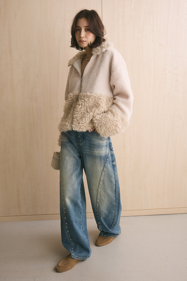 [SET]ボア×プードルファーパッチワークブルゾン+スタッズデザインカーブデニムワイドパンツ(2set)