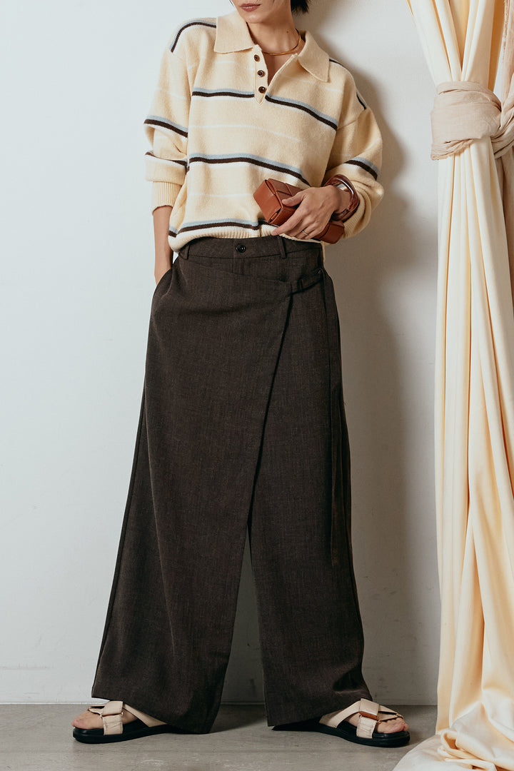 [SET]襟付きマルチボーダーニットポロトップス+ラップ巻きワイドスラックス(2set)