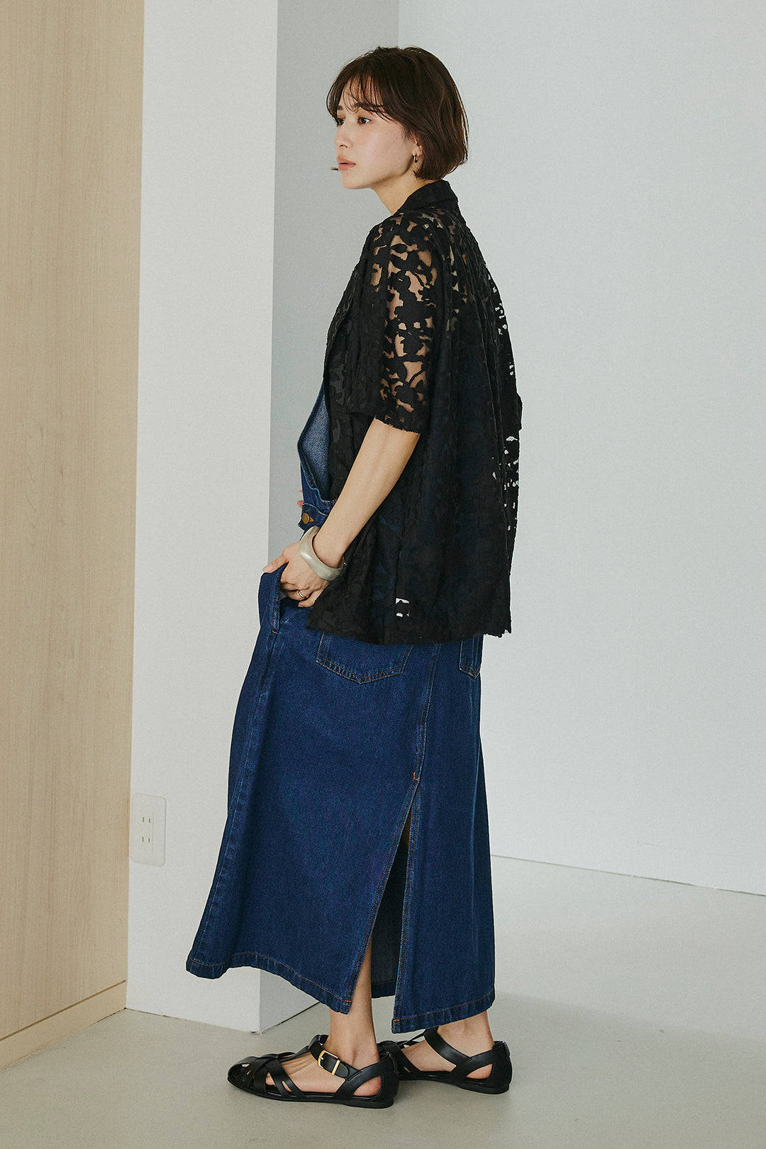 [SET]シアージャガードハーフスリーブテーラードジャケット+配色ショルダーデニムサロペットスカート(2set)