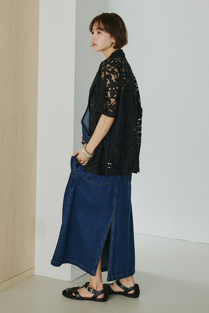 [SET]シアージャガードハーフスリーブテーラードジャケット+配色ショルダーデニムサロペットスカート(2set)